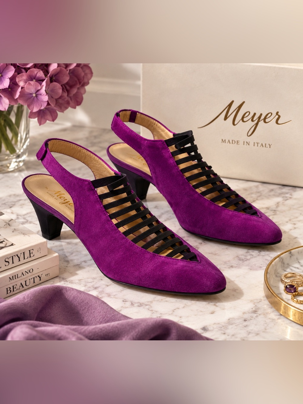 Meyer Italy Purple Suede Strappy Slingback Heels Size 37 US 6.5-7 Vintage